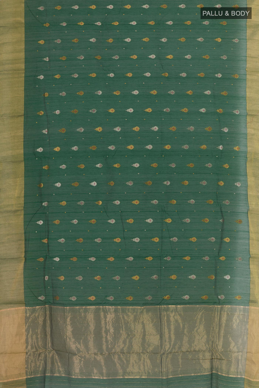 Flat view of Bottle Green Chanderi Silk Saree with Zari Butta on the body and Zari Border. 