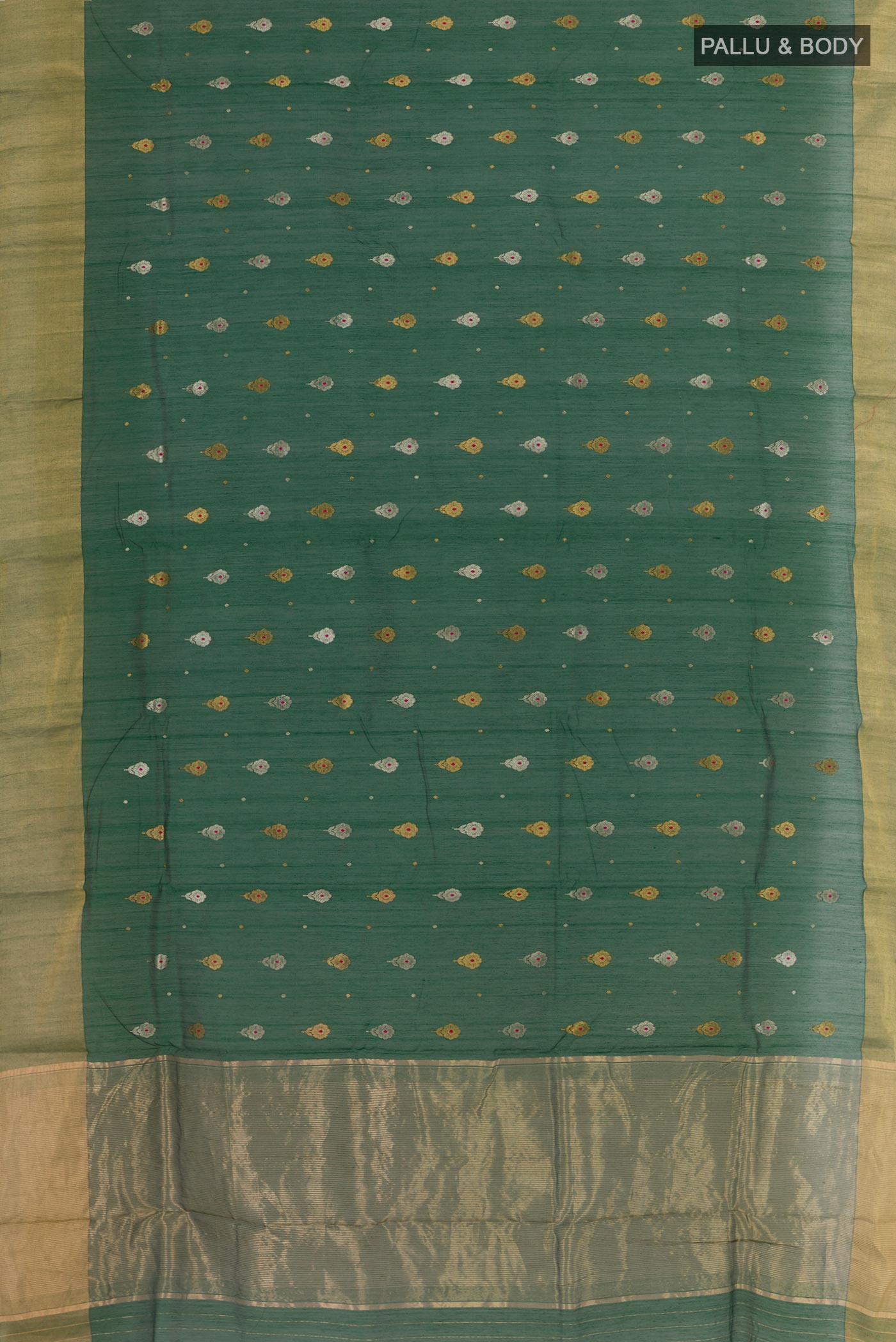 Flat view of Bottle Green Chanderi Silk Saree with Zari Butta on the body and Zari Border. 