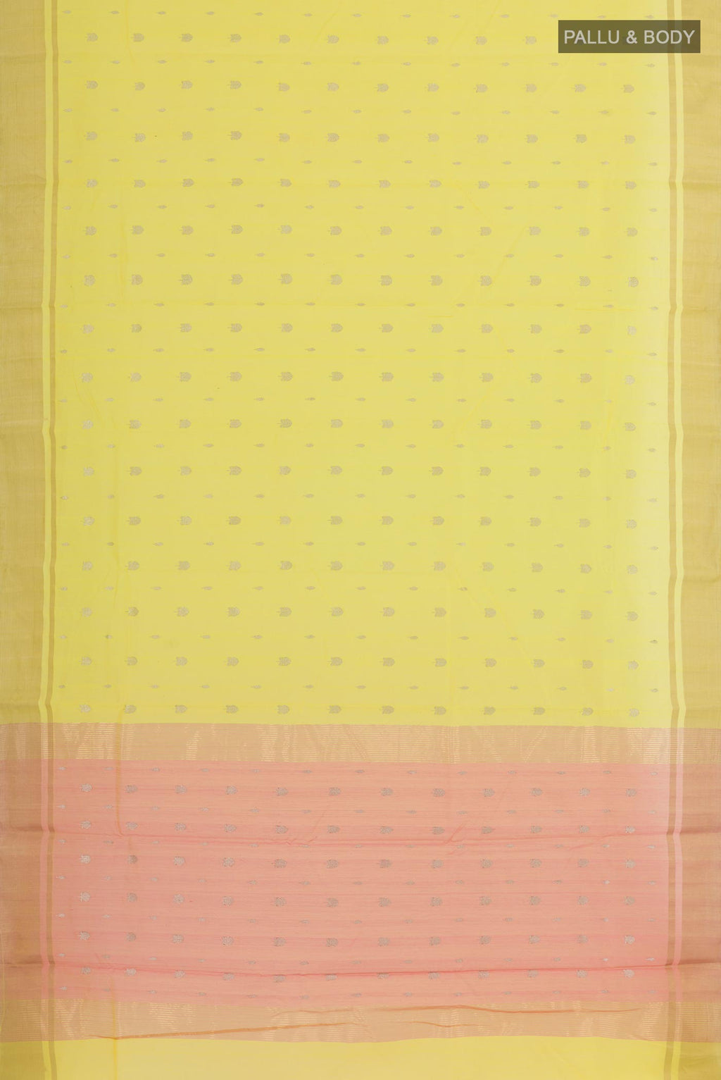 Flat view of Yellow Chanderi Silk Saree with Zari Butta on the body and Zari Border. 