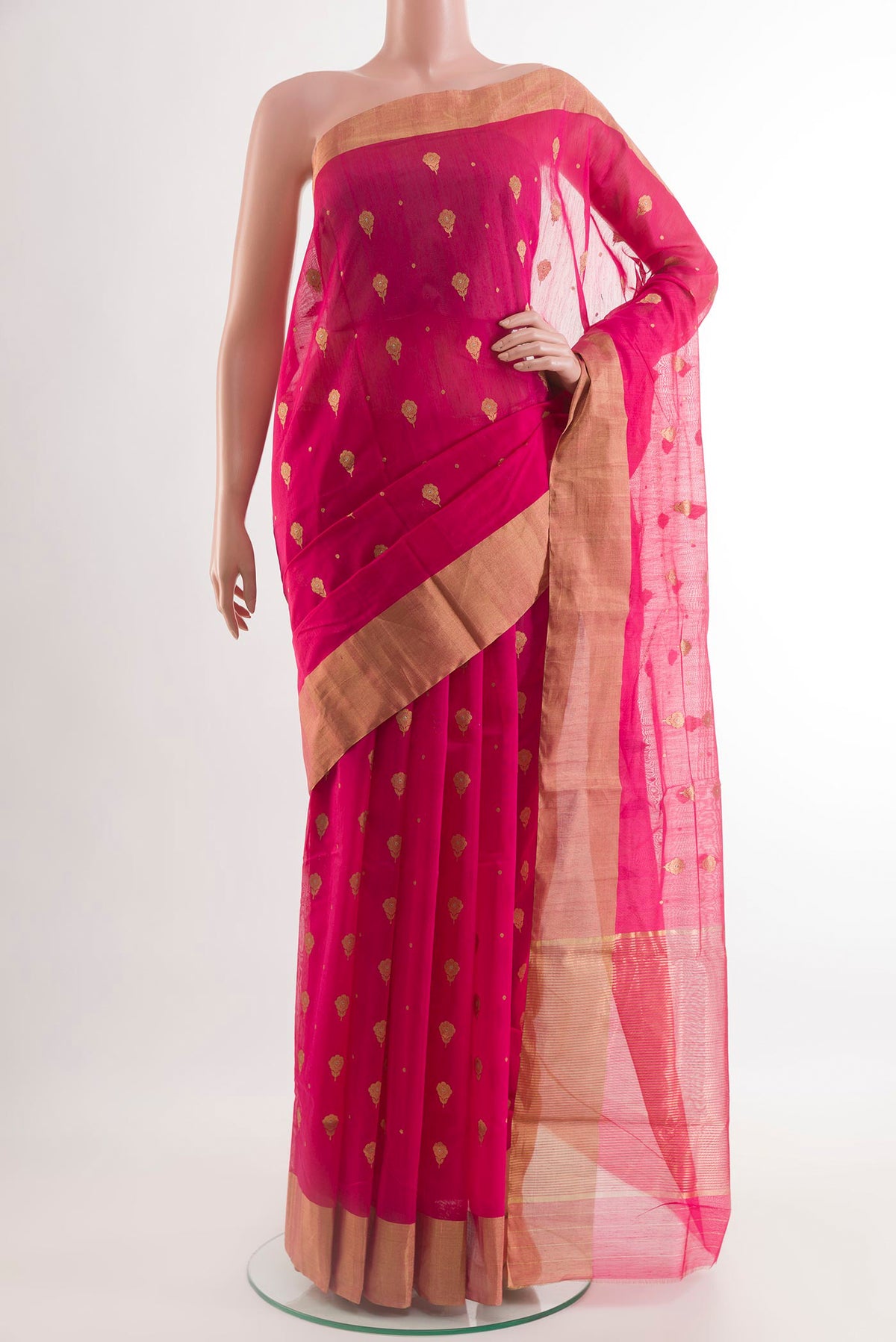 Pink Blended Chanderi Silk Cotton Saree with Zari Butta on the body and Zari Border.  displayed on a mannequin