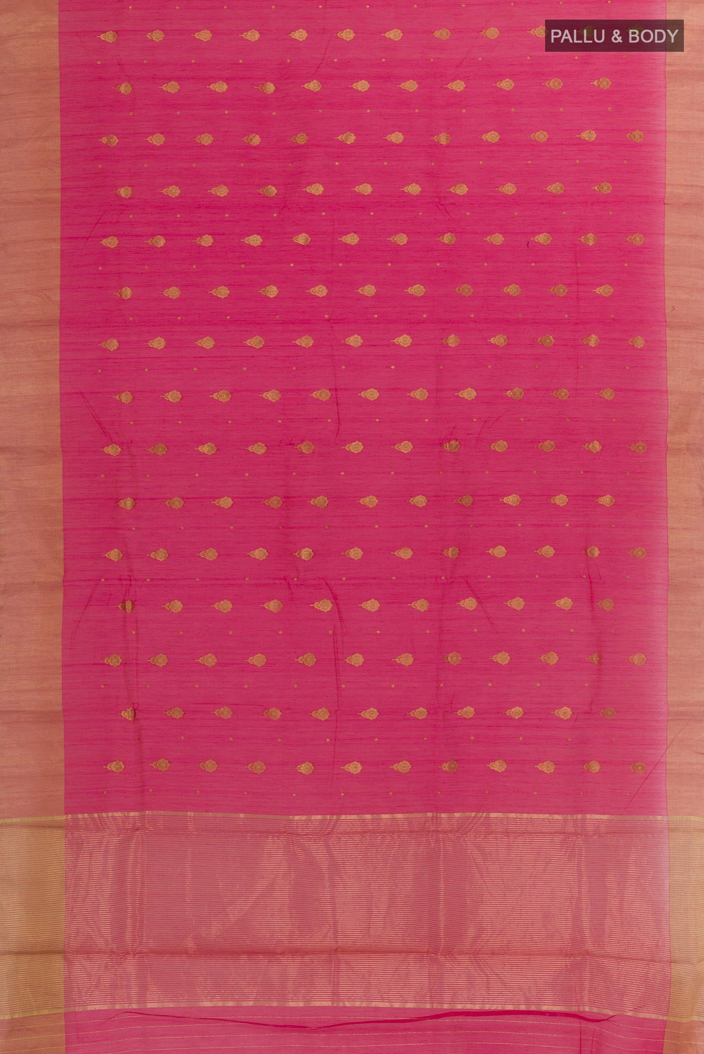 Flat view of Pink Blended Chanderi Silk Cotton Saree with Zari Butta on the body and Zari Border. 