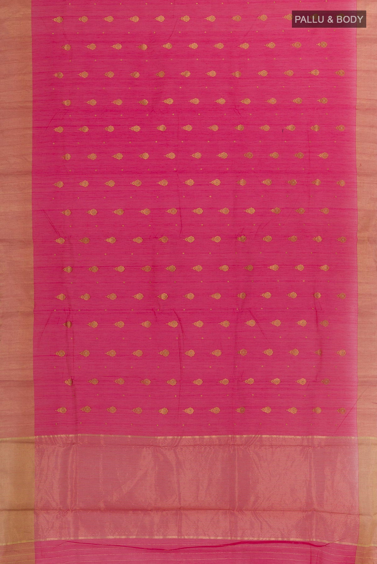 Flat view of Pink Blended Chanderi Silk Cotton Saree with Zari Butta on the body and Zari Border. 