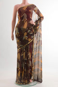 Brown Mysore Chiffon Saree with Printed design on the body and Zari Border.  displayed on a mannequin