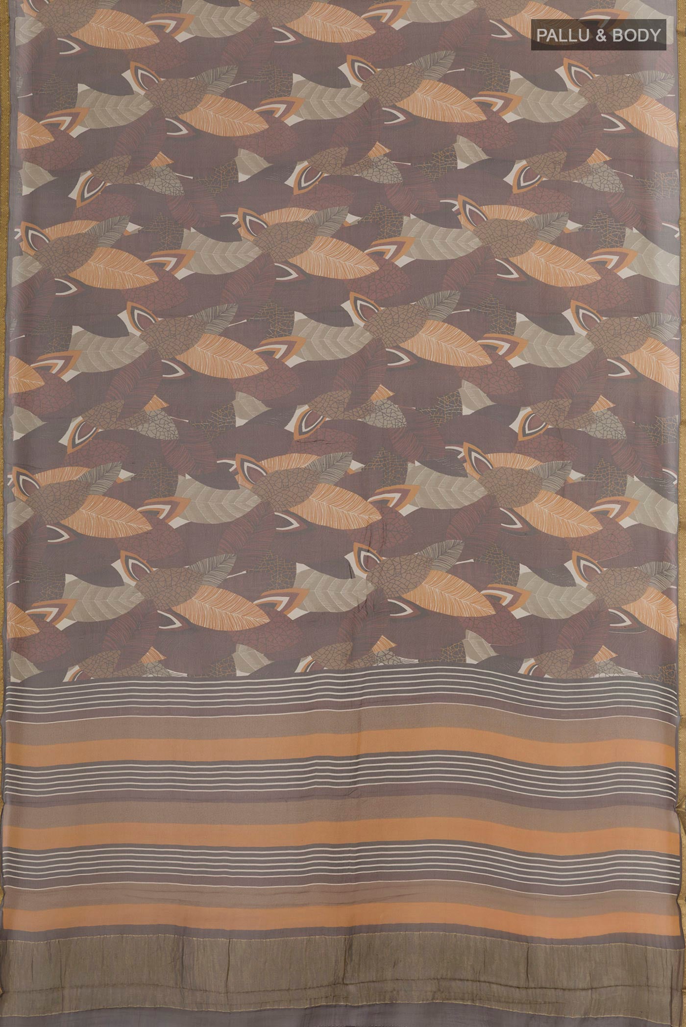 Flat view of Brown Mysore Chiffon Saree with Printed design on the body and Zari Border. 