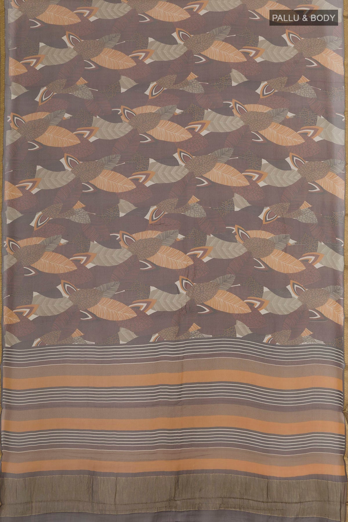 Flat view of Brown Mysore Chiffon Saree with Printed design on the body and Zari Border. 