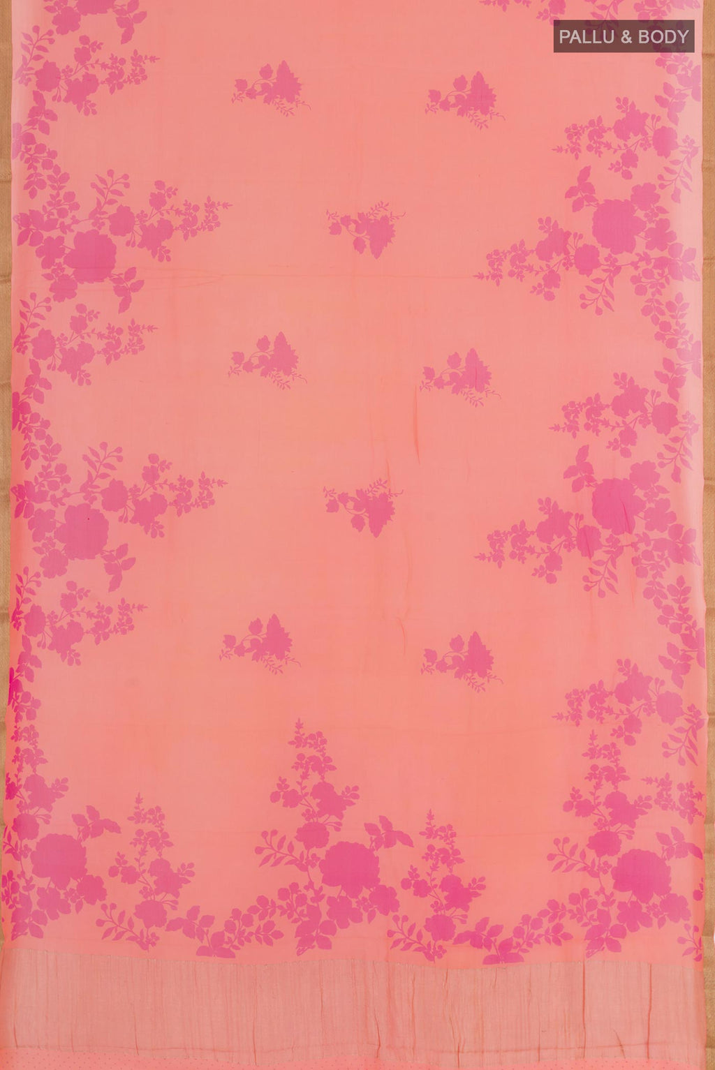 Flat view of Orange Chiffon Saree with Printed design on the body and Plain Border. 