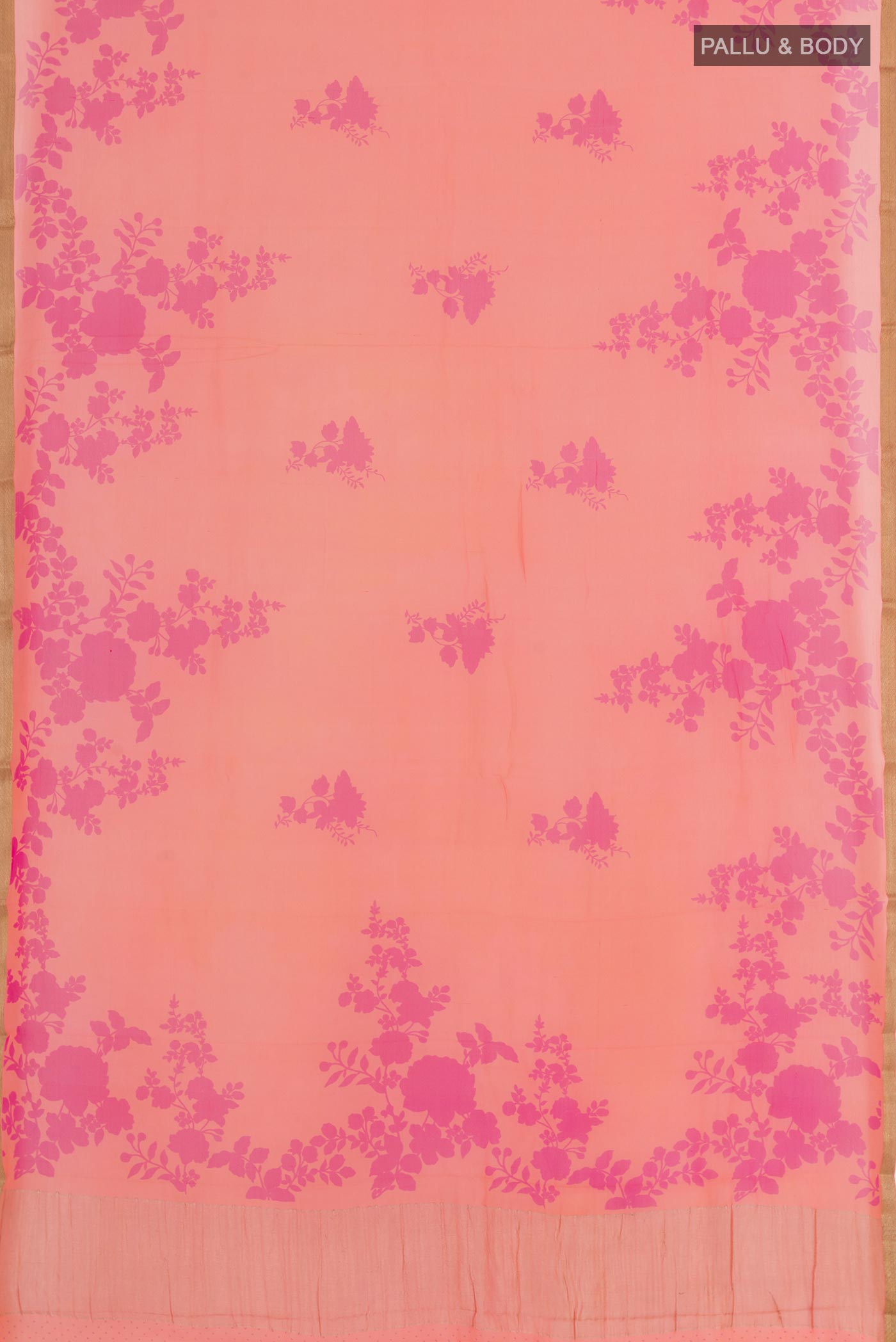 Flat view of Orange Chiffon Saree with Printed design on the body and Plain Border. 