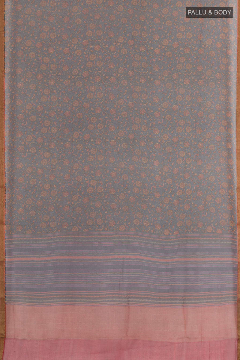 Flat view of Dark Blue Chiffon Saree with Printed design on the body and Zari Border. 
