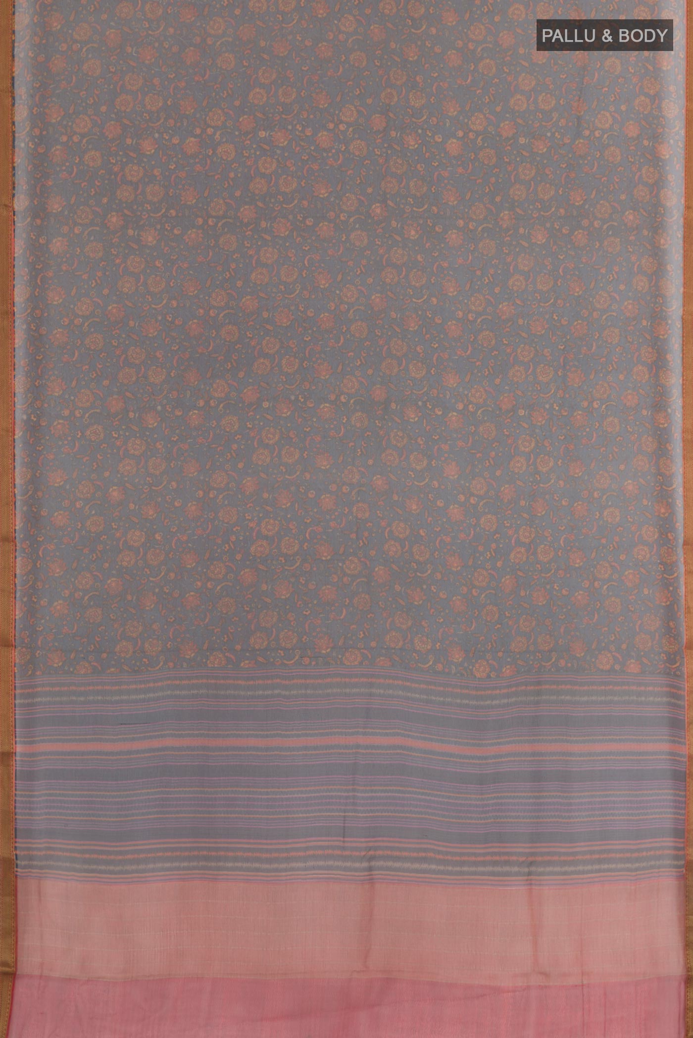 Flat view of Dark Blue Chiffon Saree with Printed design on the body and Zari Border. 