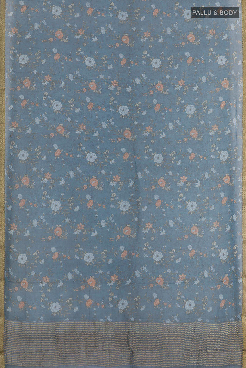 Flat view of Blue Chiffon Saree with Printed design on the body and Plain Border. 