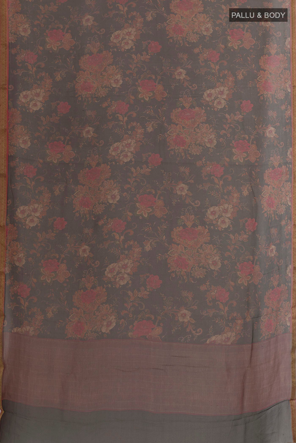 Flat view of Black Mysore Chiffon Saree with Printed design on the body and Zari Border. 