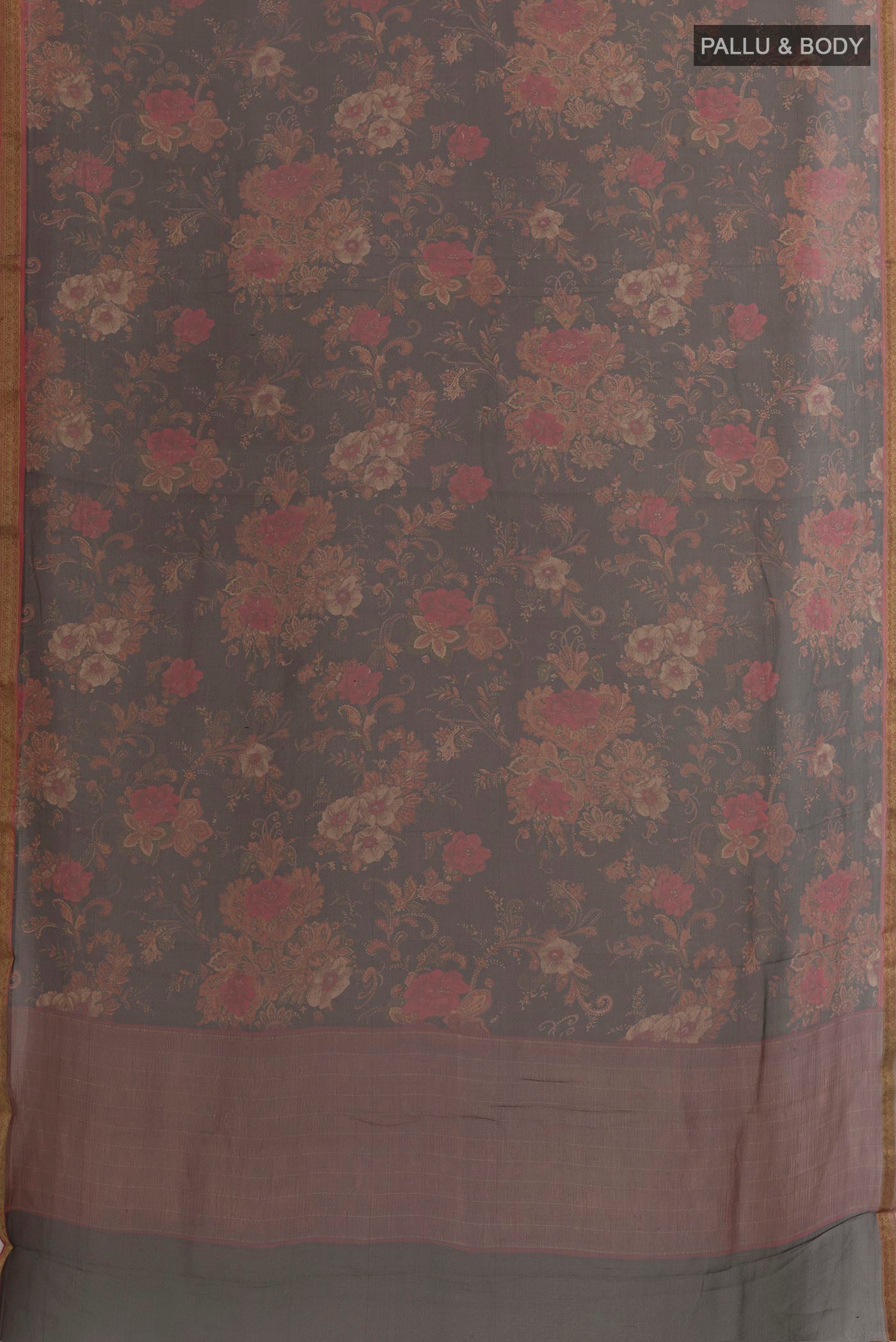 Flat view of Black Mysore Chiffon Saree with Printed design on the body and Zari Border. 