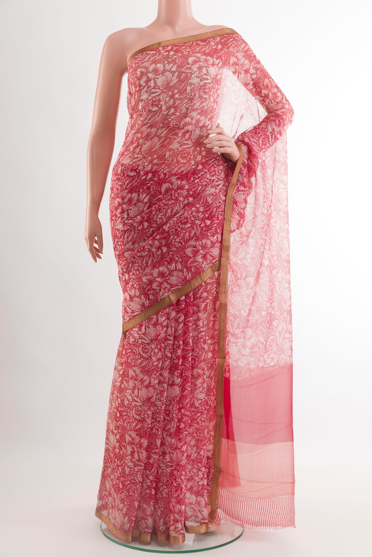 Off White Chiffon Saree with Printed design on the body and Plain Border.  displayed on a mannequin