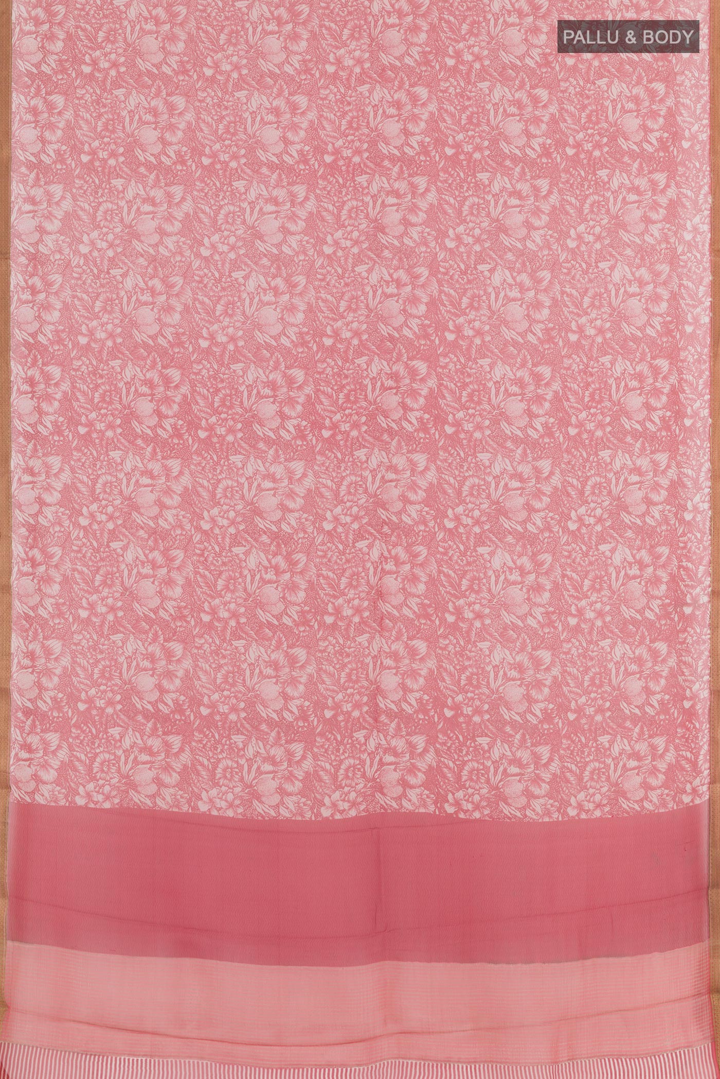 Flat view of Off White Chiffon Saree with Printed design on the body and Plain Border. 