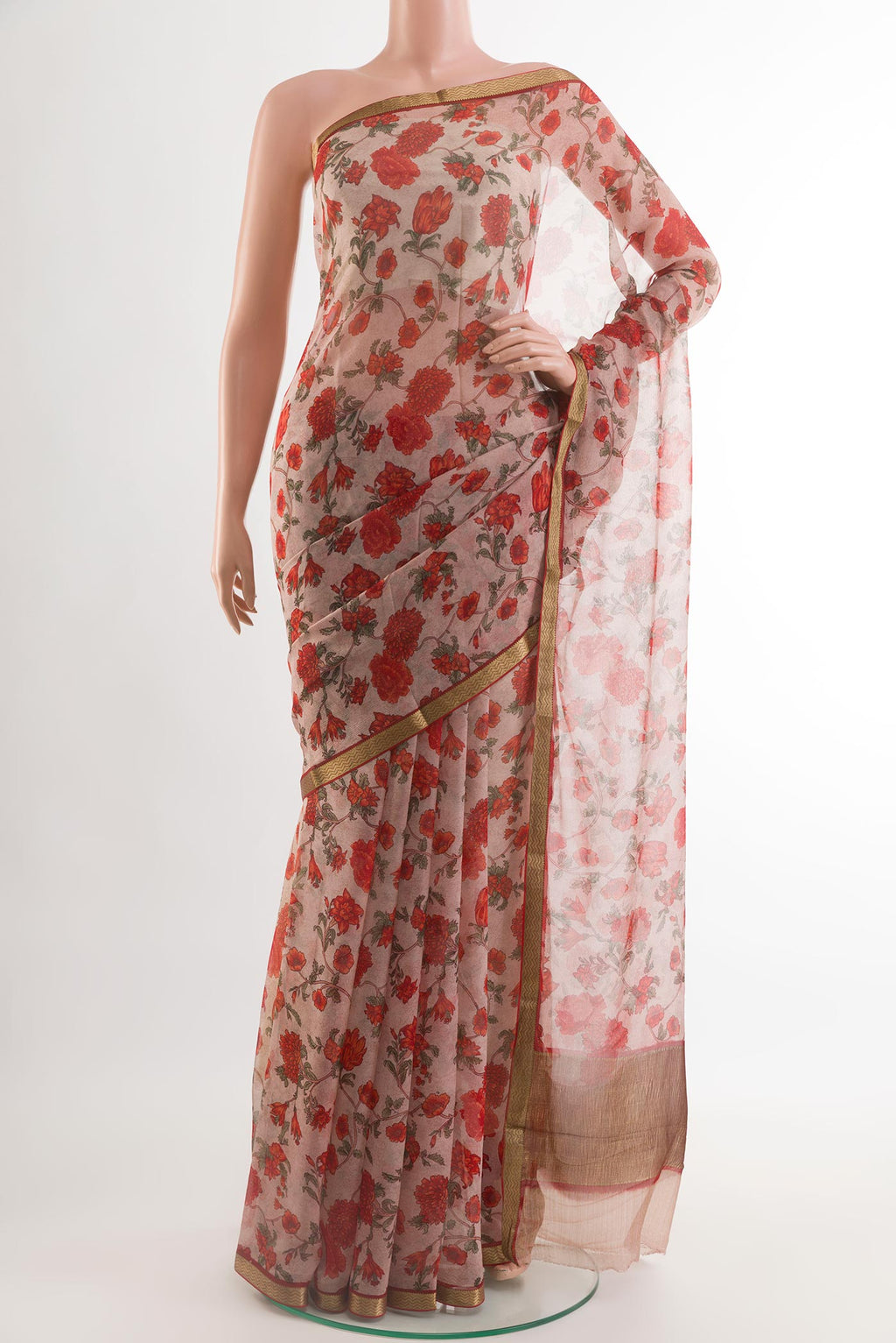 Imperial Pink Chiffon Saree with Printed design on the body and Plain Border.  displayed on a mannequin