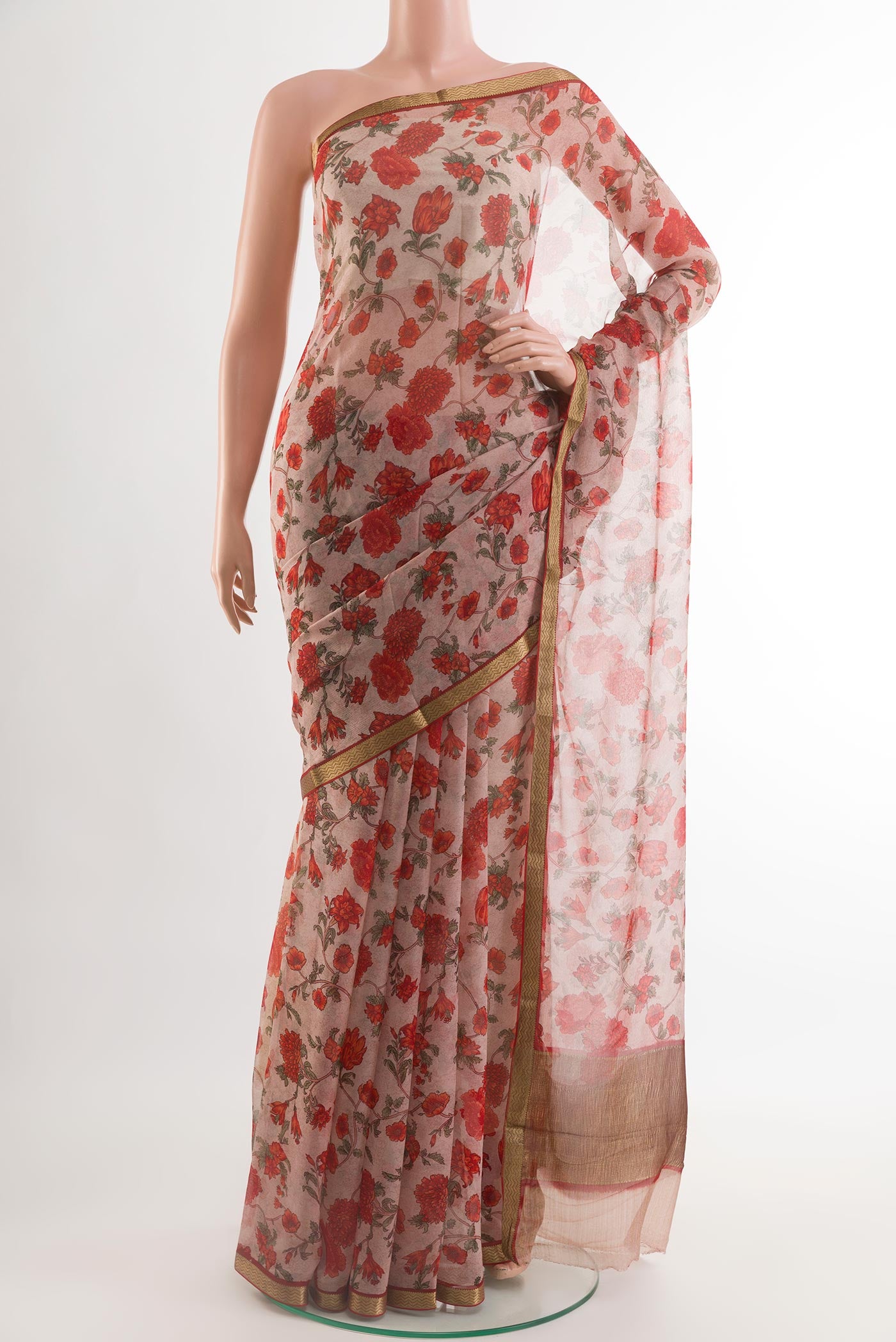 Imperial Pink Chiffon Saree with Printed design on the body and Plain Border.  displayed on a mannequin