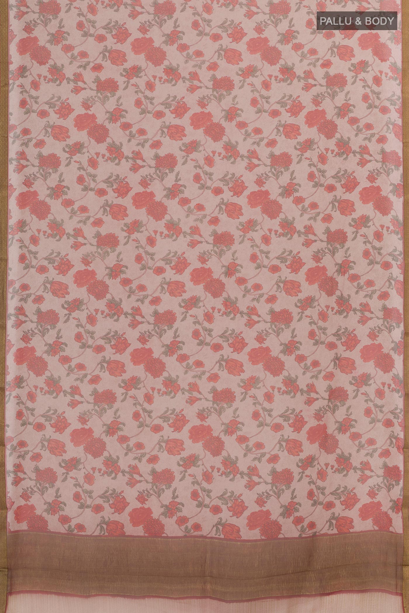 Flat view of Imperial Pink Chiffon Saree with Printed design on the body and Plain Border. 