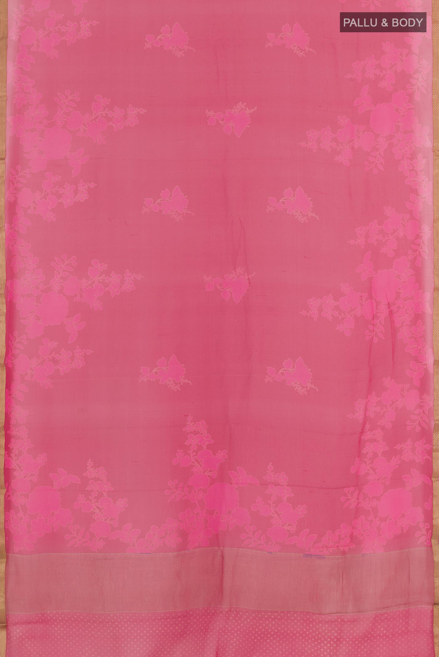 Flat view of Pink Chiffon Saree with Printed design on the body and Plain Border. 