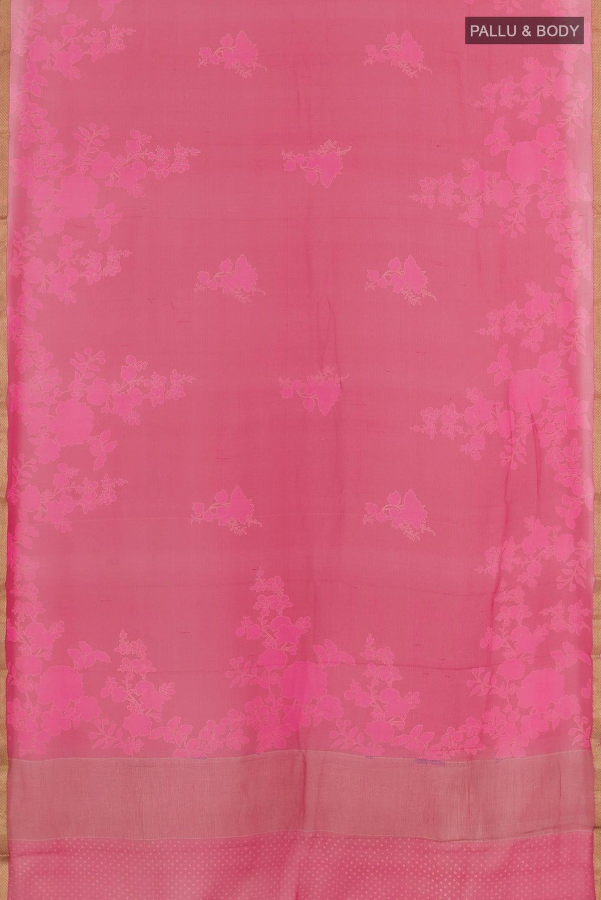 Flat view of Pink Chiffon Saree with Printed design on the body and Plain Border. 