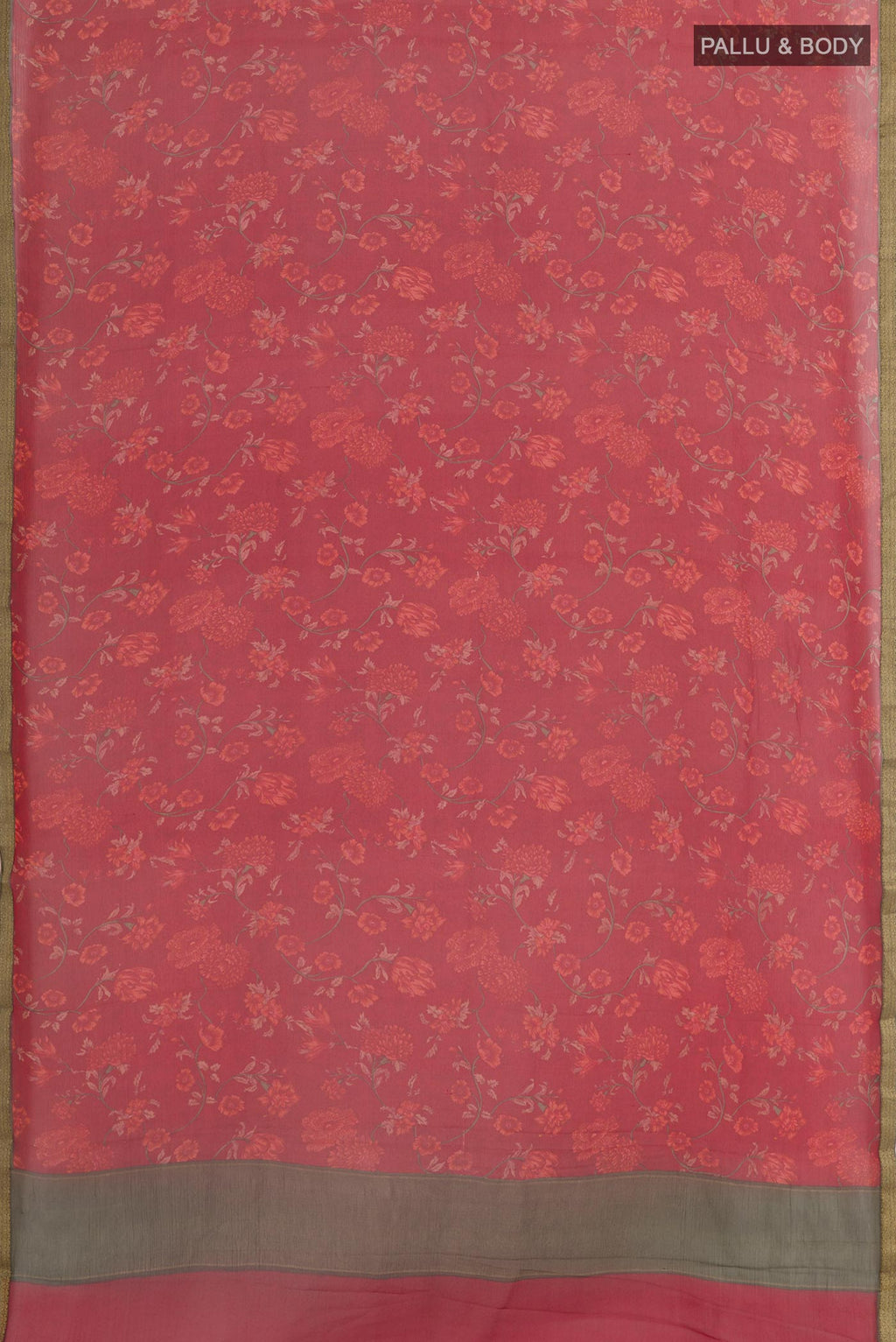 Flat view of Red Chiffon Saree with Printed design on the body and Plain Border. 