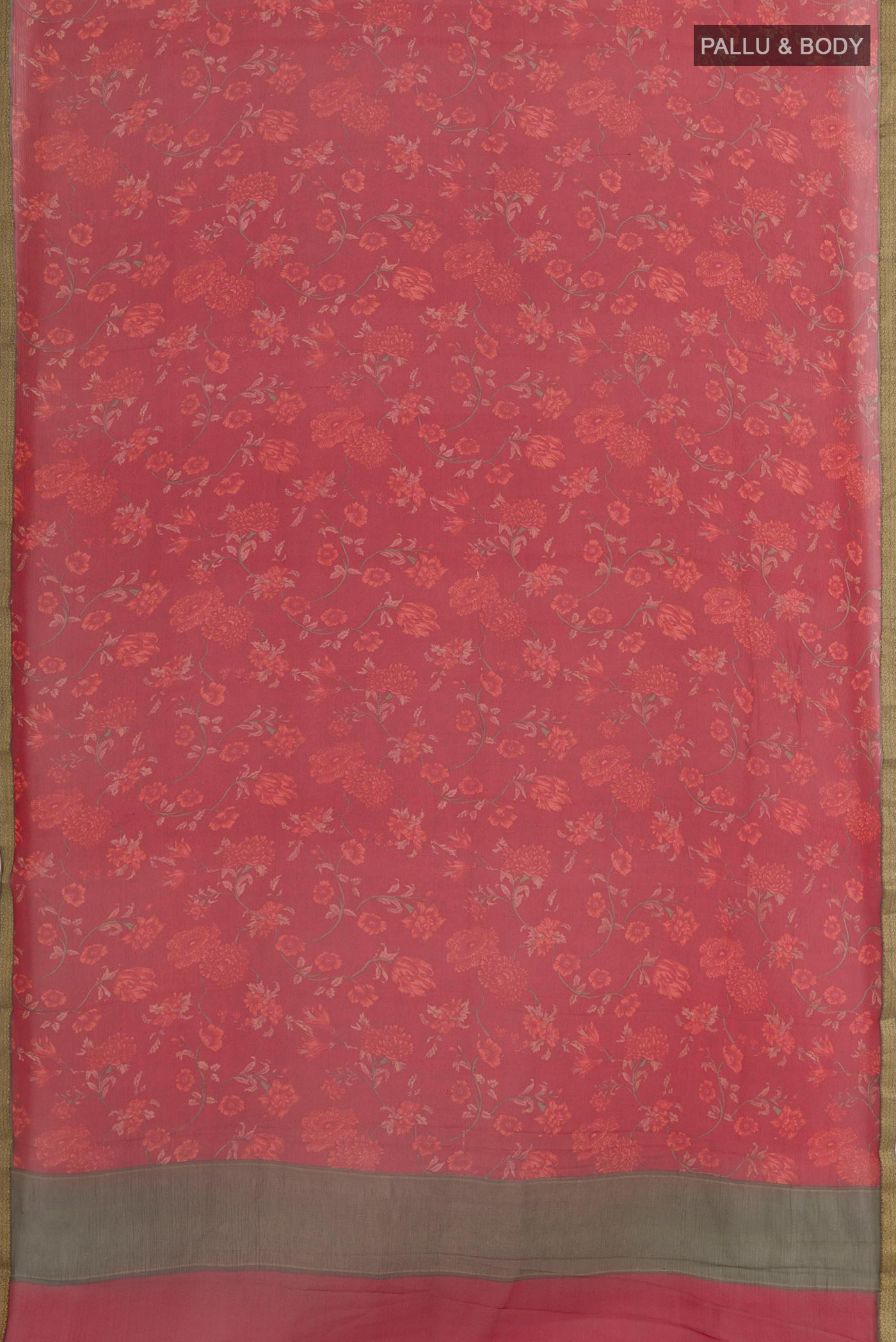 Flat view of Red Chiffon Saree with Printed design on the body and Plain Border. 