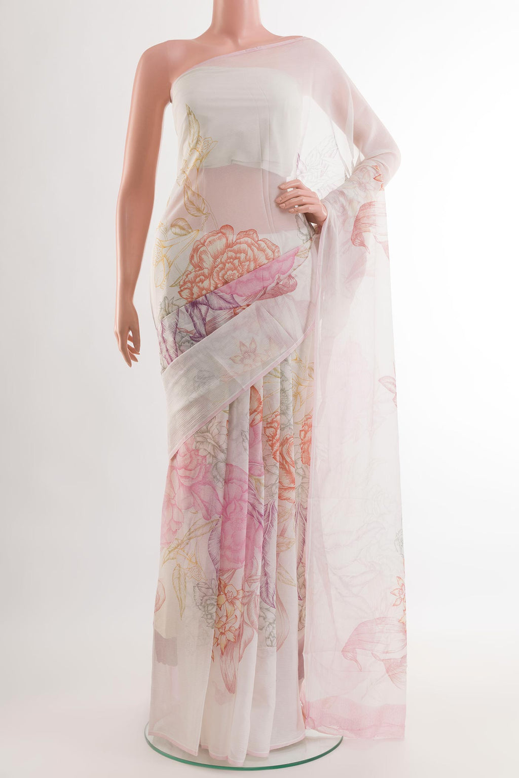 Off White Chiffon Saree with Printed design on the body and Plain Border.  displayed on a mannequin