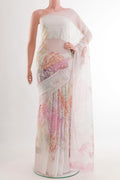 Off White Chiffon Saree with Printed design on the body and Plain Border.  displayed on a mannequin