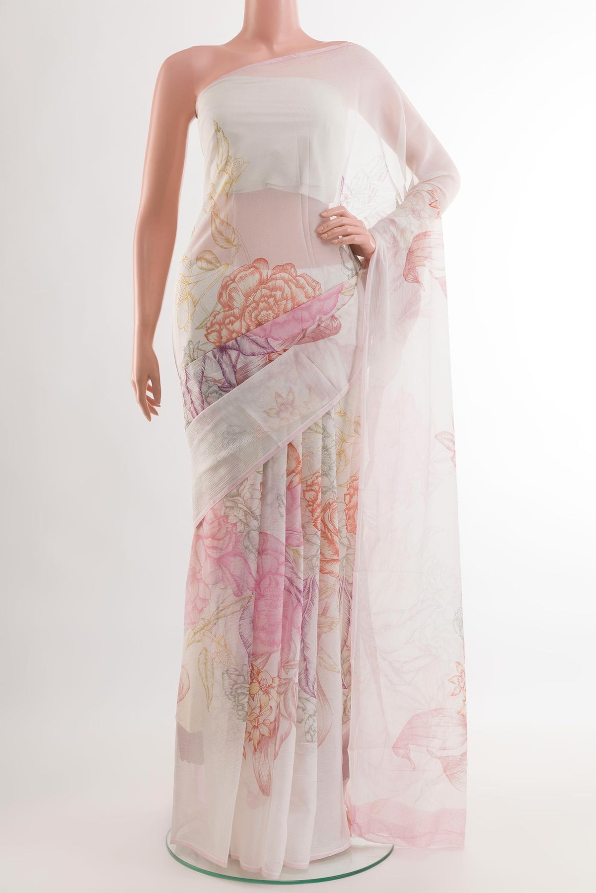 Off White Chiffon Saree with Printed design on the body and Plain Border.  displayed on a mannequin