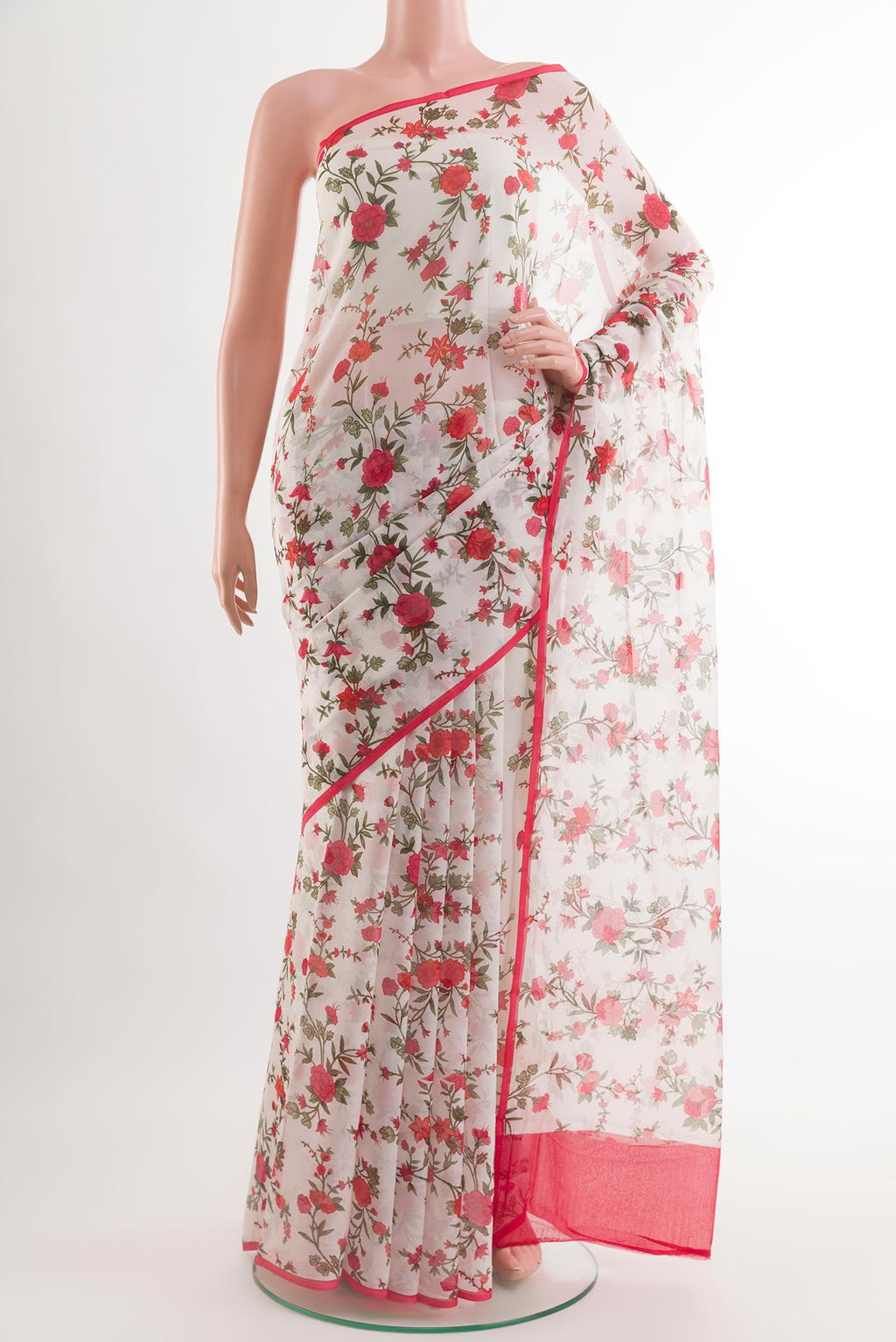 Off White Chiffon Saree with Printed design on the body and Plain Border.  displayed on a mannequin