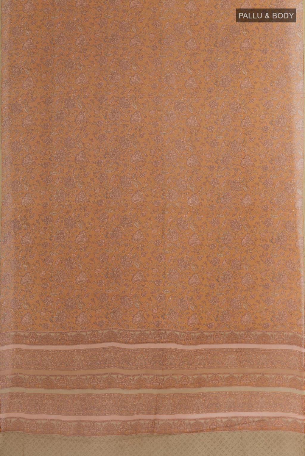 Flat view of Yellow Chiffon Saree with Printed design on the body and Plain Border. 