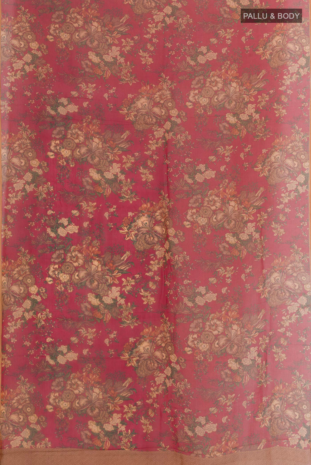 Flat view of Red Mysore Chiffon Saree with Printed design on the body and Zari Border. 