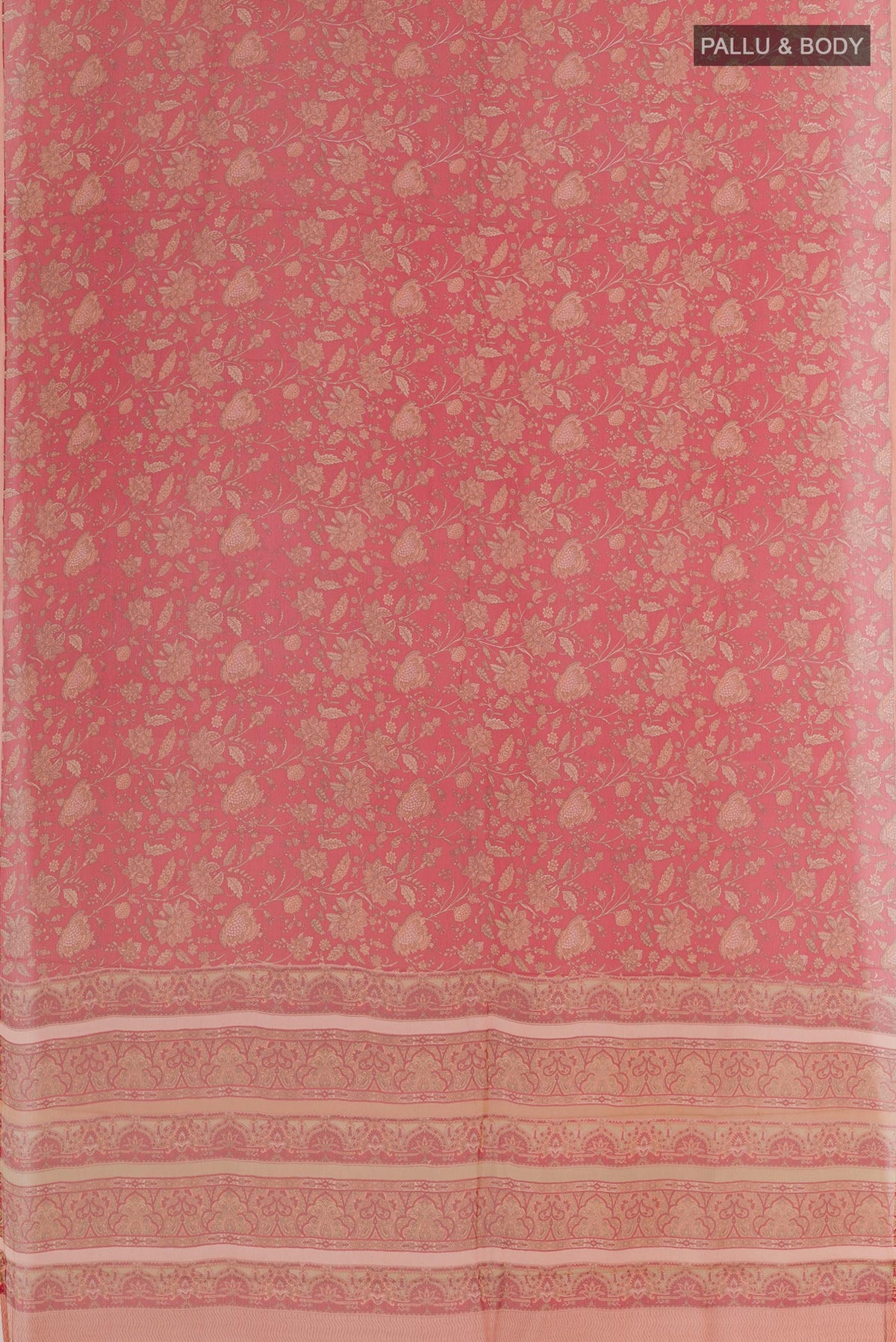 Flat view of Red Chiffon Saree with Printed design on the body and Plain Border. 
