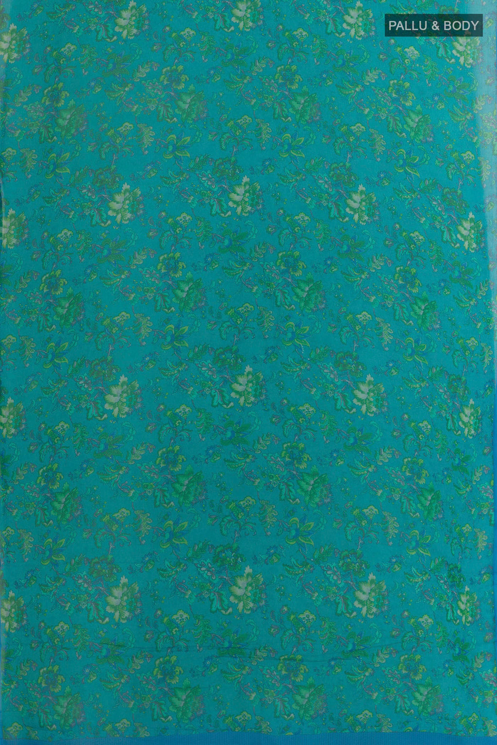 Flat view of Blue Mysore Chiffon Saree with Printed design on the body and Zari Border. 