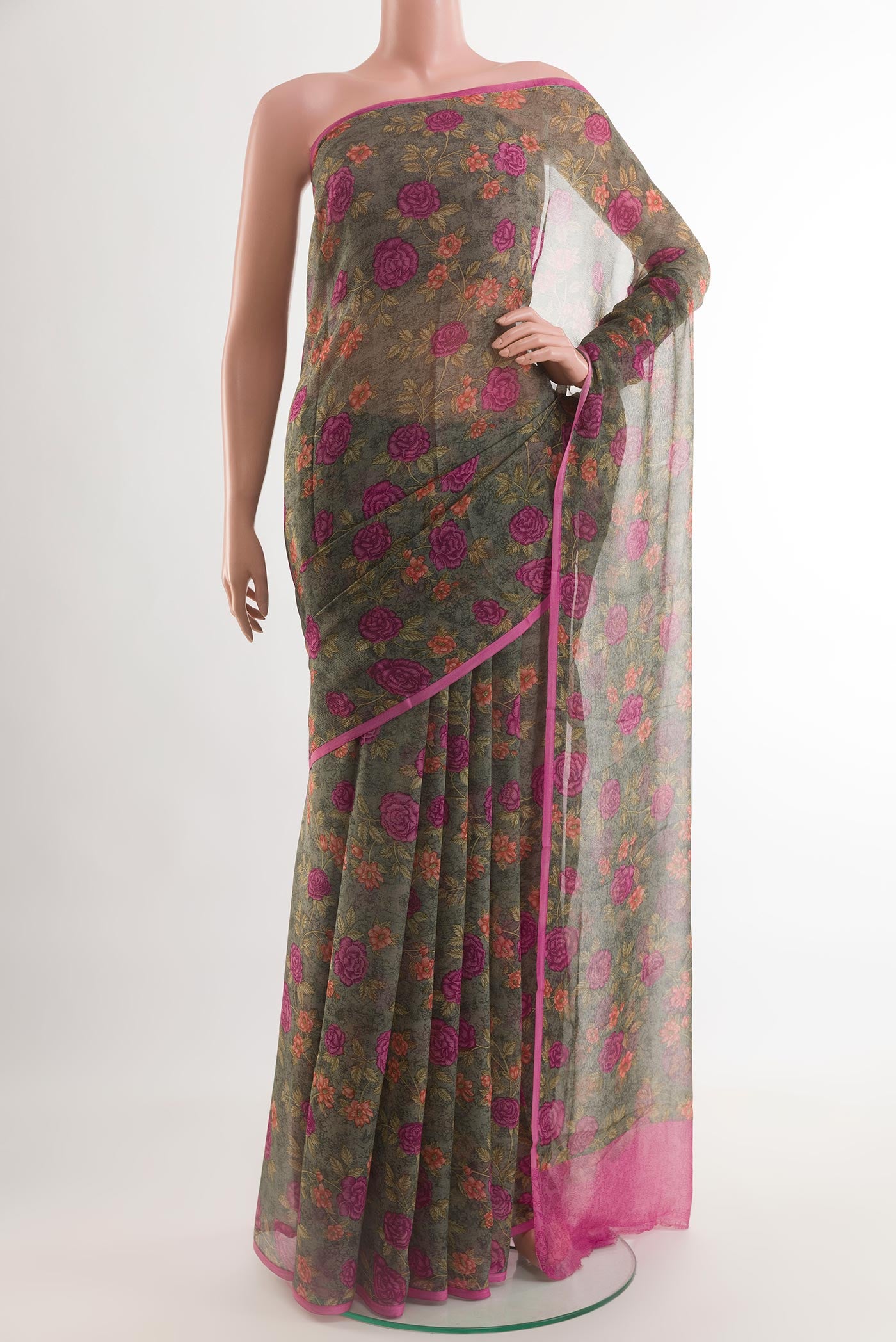 Grey Chiffon Saree with Printed design on the body and Plain Border.  displayed on a mannequin