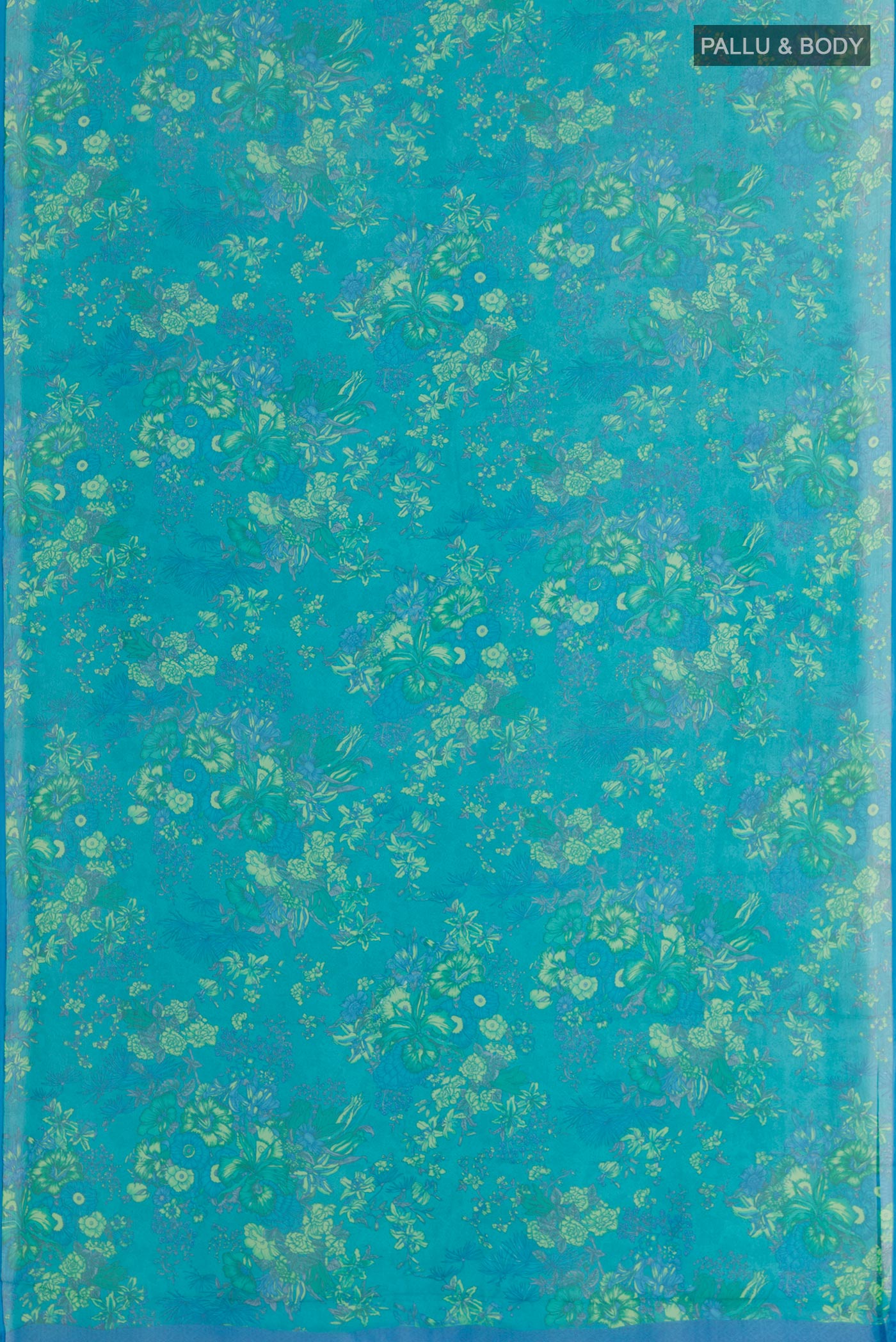 Flat view of Blue Chiffon Saree with Printed design on the body and Plain Border. 