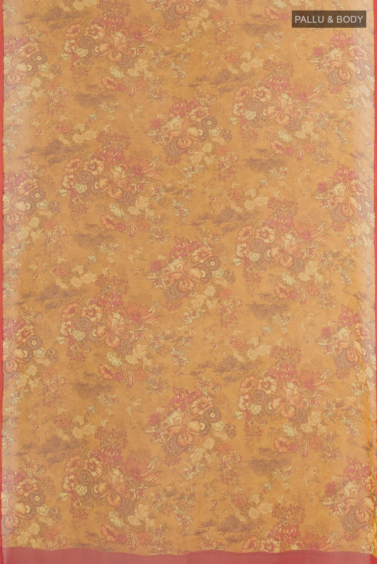 Flat view of Yellow Chiffon Saree with Printed design on the body and Plain Border. 