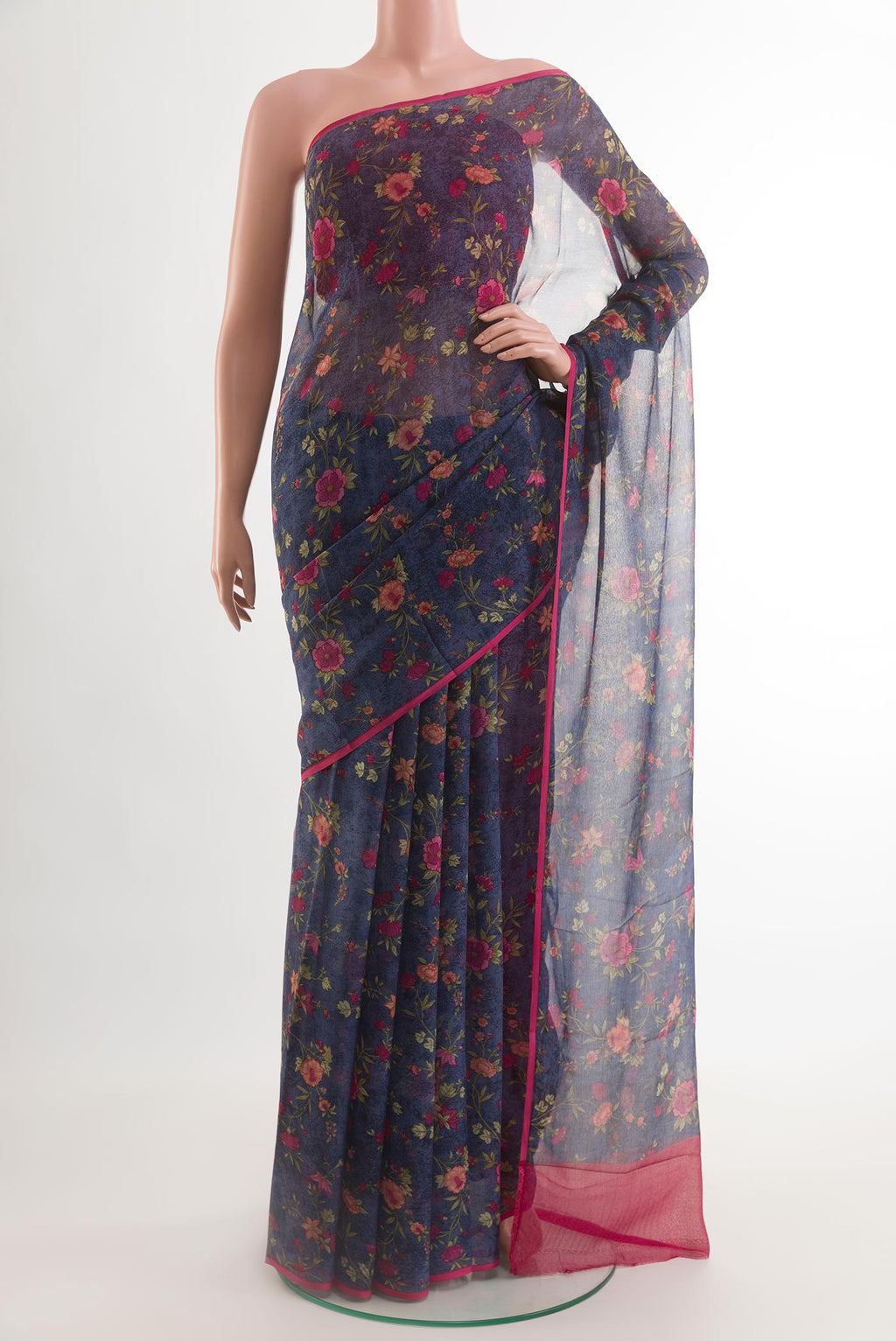 Dark Blue Chiffon Saree with Printed design on the body and Plain Border.  displayed on a mannequin