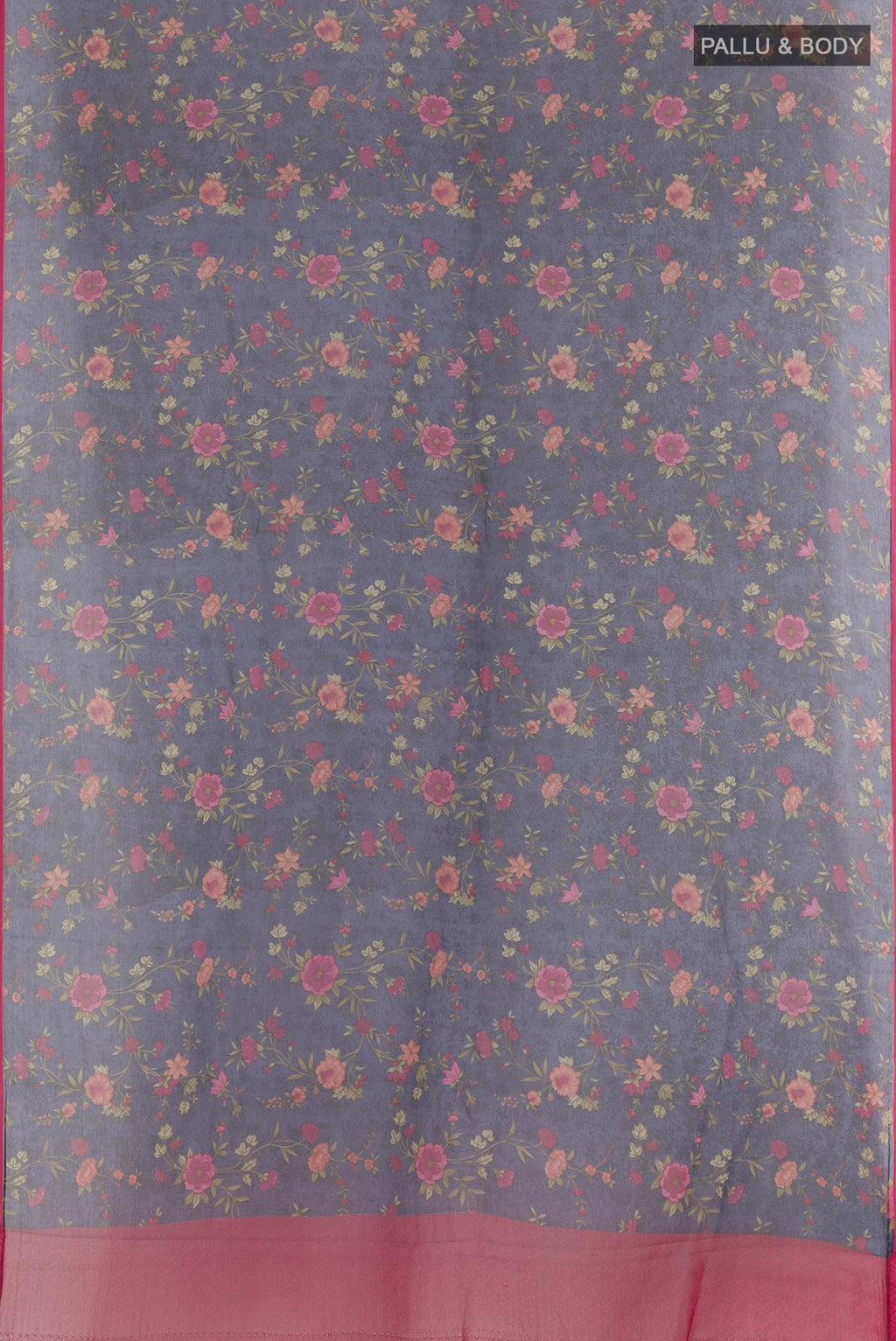 Flat view of Dark Blue Chiffon Saree with Printed design on the body and Plain Border. 