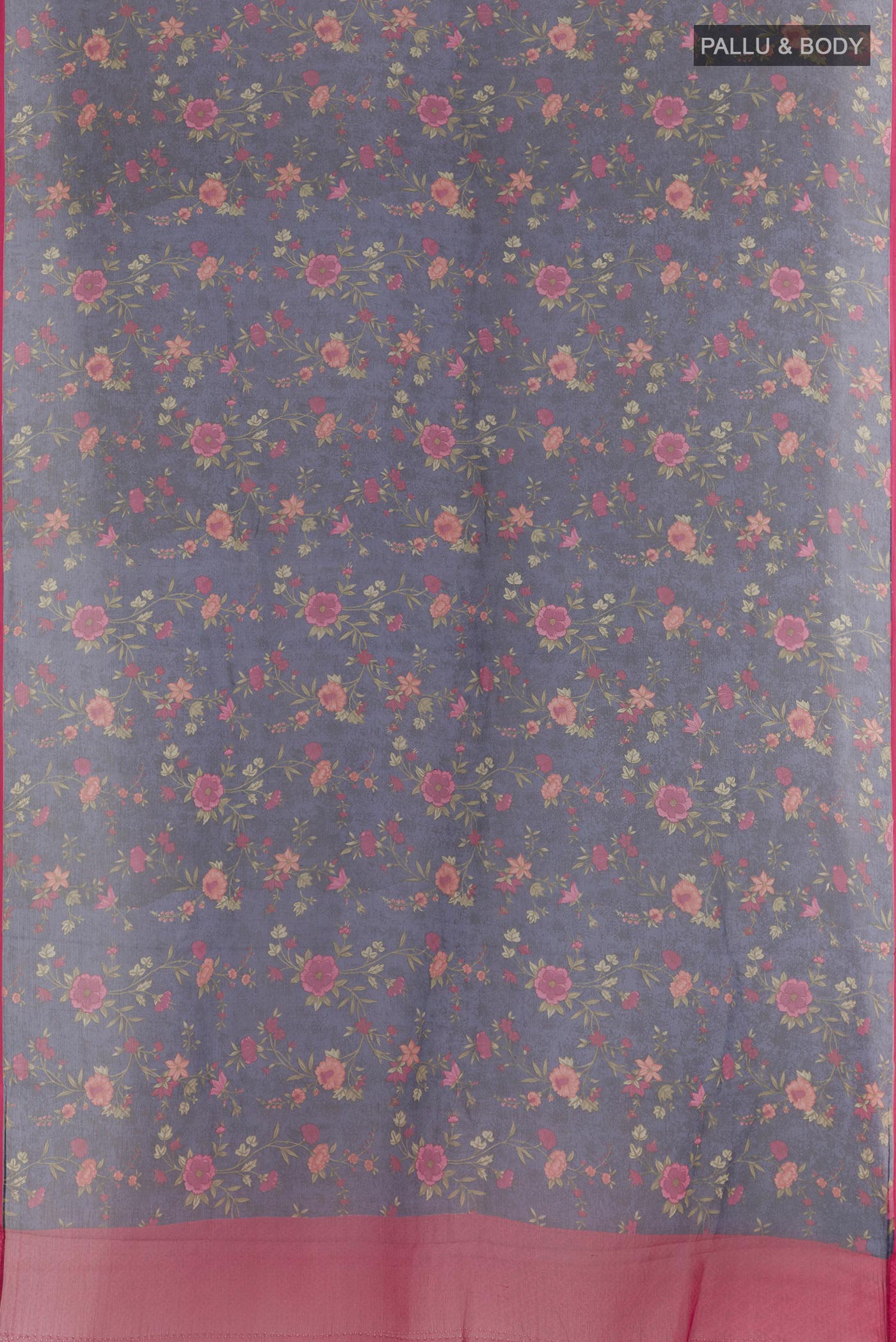 Flat view of Dark Blue Chiffon Saree with Printed design on the body and Plain Border. 