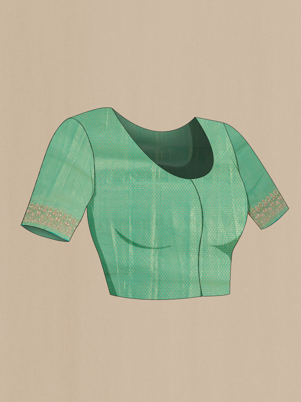 Close up image of the blouse of Sea Green Kanjivaram Tissue Silk Saree with Zari Butta on the body and Embroidery Border. 