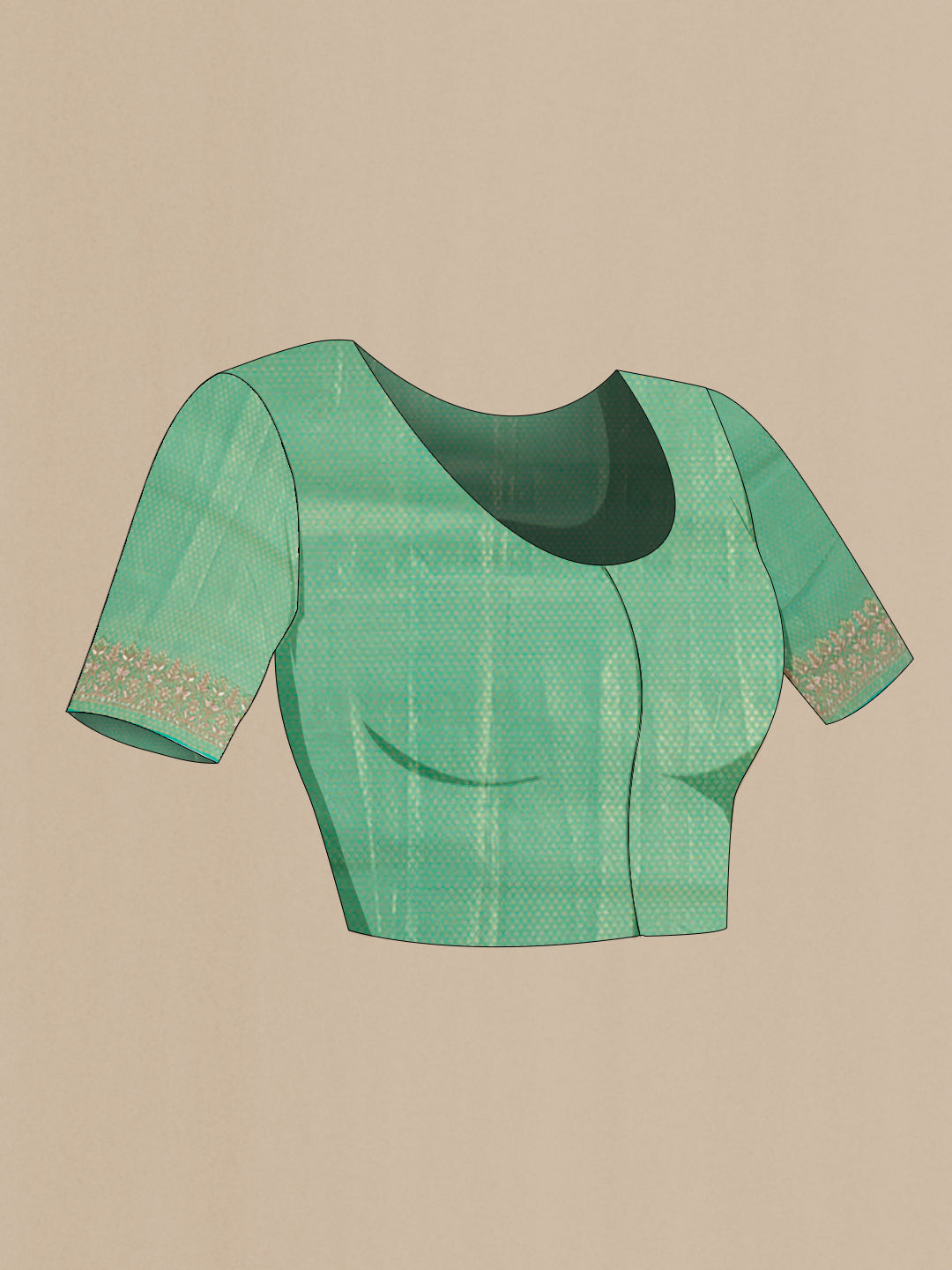 Close up image of the blouse of Sea Green Kanjivaram Tissue Silk Saree with Zari Butta on the body and Embroidery Border. 