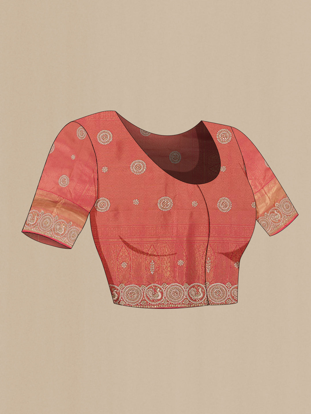 Close up image of the blouse of Red Kanjivaram Tissue Silk Saree with Zari Brocade on the body and Embroidery Border. 