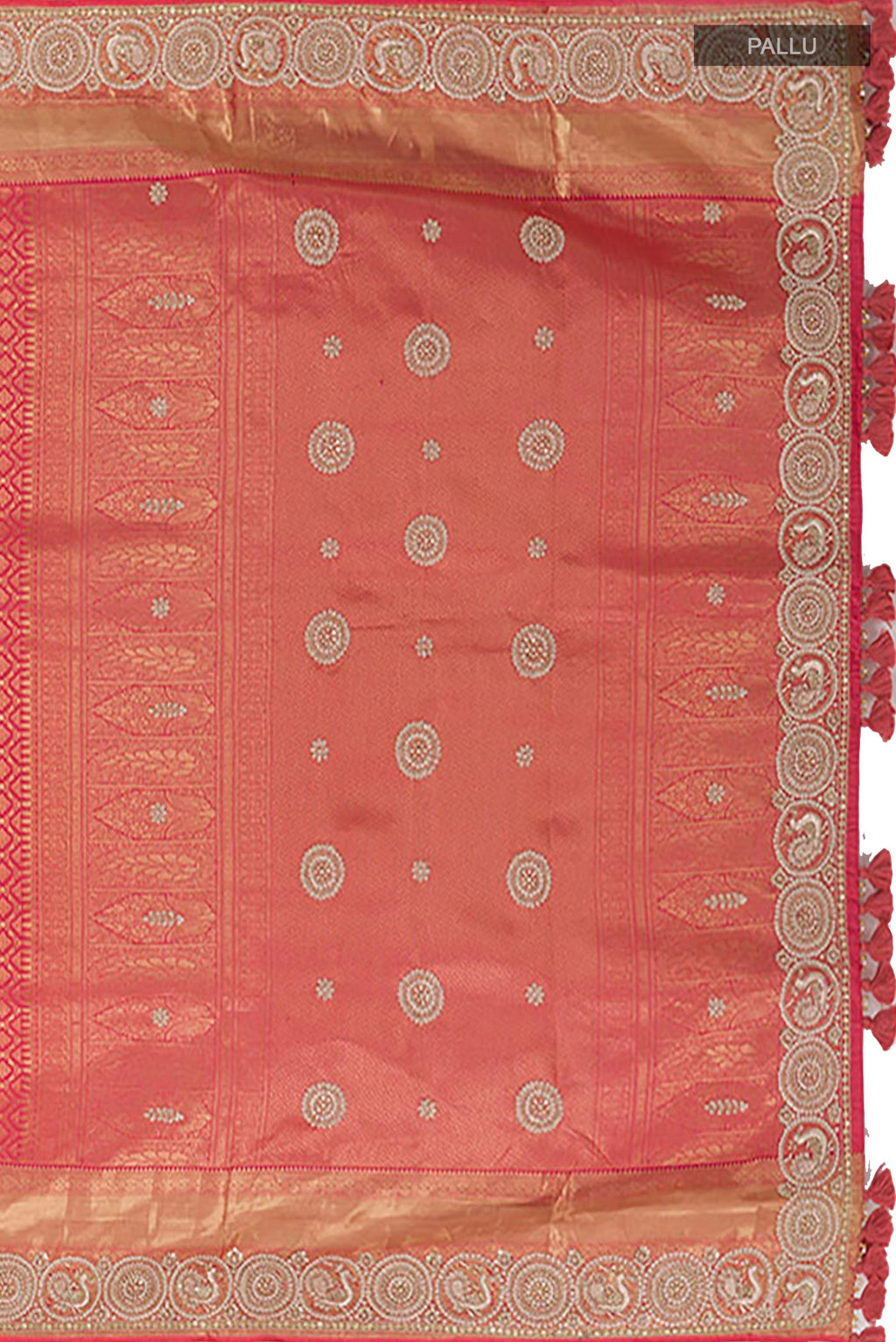 Close up image of the pallu of Red Kanjivaram Tissue Silk Saree with Zari Brocade on the body and Embroidery Border. 
