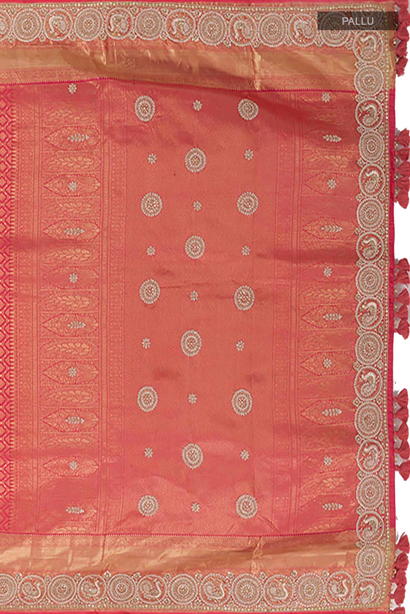 Close up image of the pallu of Red Kanjivaram Tissue Silk Saree with Zari Brocade on the body and Embroidery Border. 