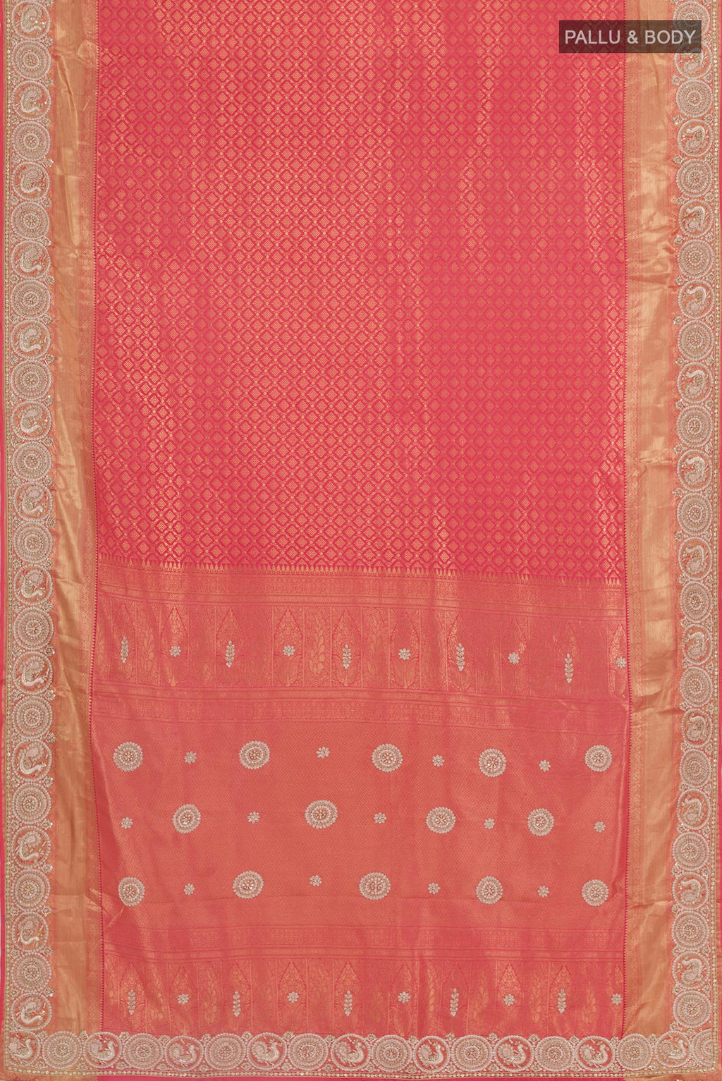 Flat view of Red Kanjivaram Tissue Silk Saree with Zari Brocade on the body and Embroidery Border. 