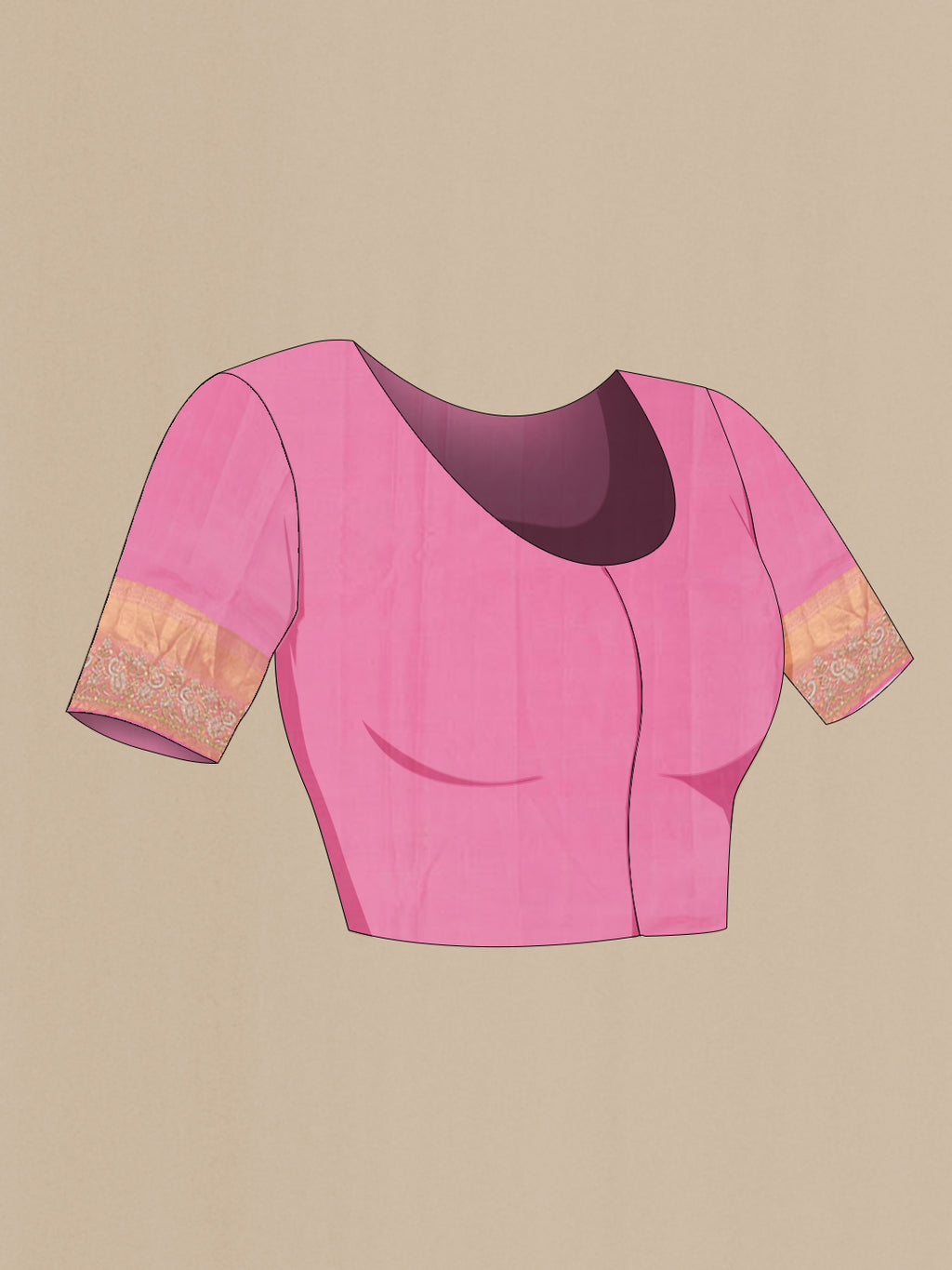 Close up image of the blouse of Pink Kanjivaram Tissue Silk Saree with Zari Butta on the body and Embroidery Border. 