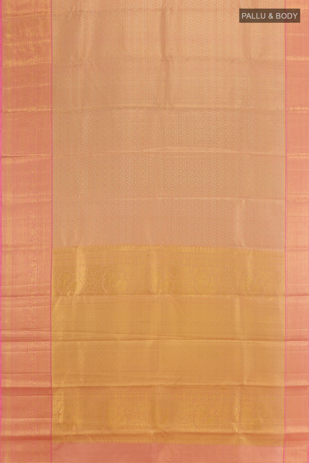 Flat view of Rose Gold Kanchipuram Silk Saree with Zari Brocade on the body and Zari Border. 