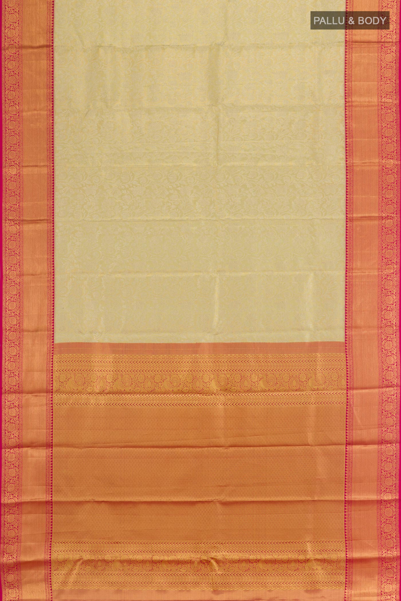 Flat view of Light Green Kanjivaram Silk Saree with Zari Brocade on the body and Zari Border. 