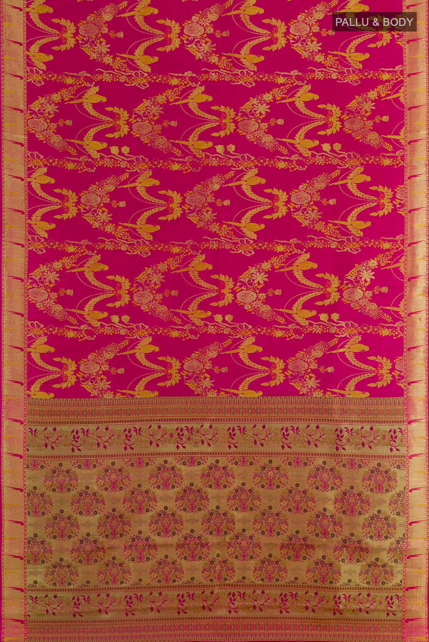 Flat view of Pink Kanjivaram Silk Saree with Zari Brocade on the body and Zari Border. 