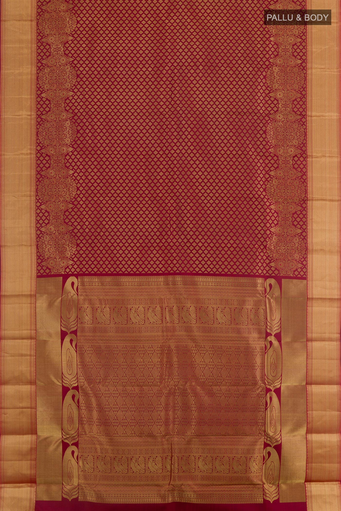 Flat view of Maroon Kanjivaram Silk Saree with Zari Brocade on the body and Zari Border. 
